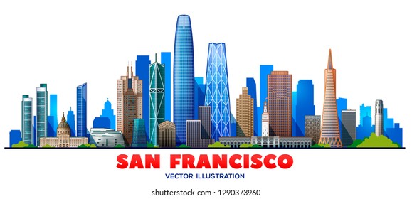 San Francisco (United States) skyline with panorama in sky background. Vector Illustration. Business travel and tourism concept with modern buildings. Image for banner or web site.