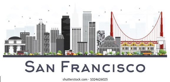 San Francisco USA City Skyline with Gray Buildings Isolated on White. Vector Illustration. Business Travel and Tourism Concept with Modern Buildings. San Francisco Cityscape with Landmarks.