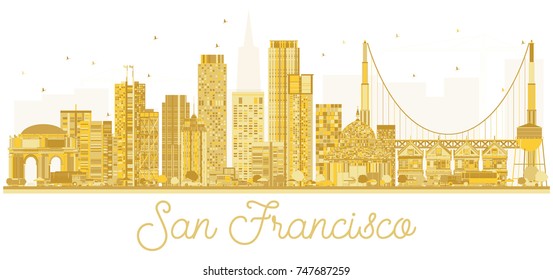 San Francisco USA City skyline golden silhouette. Vector illustration. Business travel concept. Cityscape with landmarks.