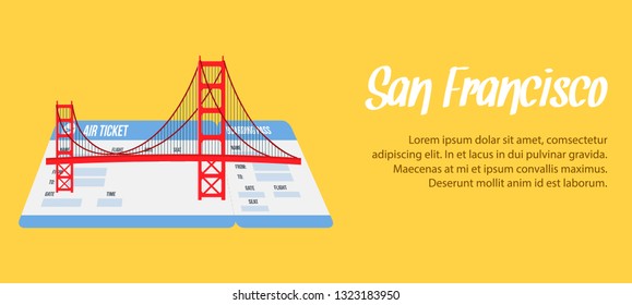 San Francisco Vector Banner, Poster with Copyspace. Golden Gate Bridge Flat Drawing. USA Tourist Attraction Flat Illustration. Travel Postcard. World Famous Landmark on Boarding Pass, Airplane Ticket