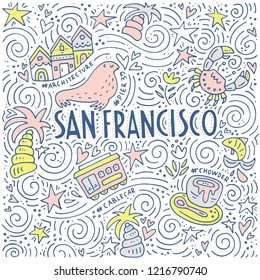 The San Francisco words and the different symbols of the city in the spiral pattern vector illustration. 