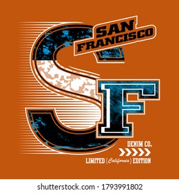 San Francisco,California.Vintage and typography design in vector illustration.clothing,apparel and other uses.Abstract design with the grunge and denim style. Vector print, typography, poster. 