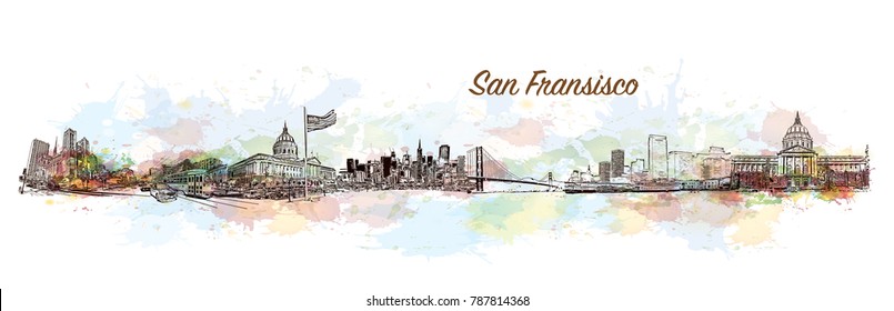 San Fransisco Skyline. Watercolor splash with sketch in vector illustration.