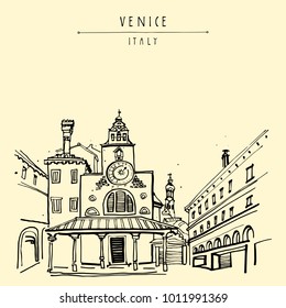 San Giacomo church in Venice, Italy, Europe.Travel sketch. Artistic travel vintage hand drawn postcard or poster. Vector illustration