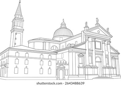 San Giorgio Maggiore Church Line Art, Desenho de linha detalhado da igreja San Giorgio Maggiore e campanário em Veneza, Itália. Um marco arquitetônico icônico na ilha de San Giorgio