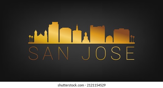 San Jose, CA, USA Gold Skyline City Silhouette Vector. Golden Design Luxury Style Icon Symbols. Travel and Tourism Famous Buildings.