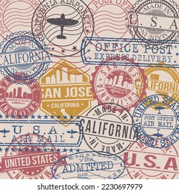 San Jose, CA, USA Set of Stamps. Travel Stamp. Made In Product. Design Seals Old Style Insignia.