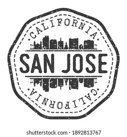 Postmark del sello San José, CA, USA. Pasaporte postal de Silhouette. Icono de vector de redondeo de ciudad. Diseño de rehenes vintage.