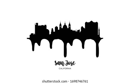 San Jose California black skyline silhouette vector illustration on white background with dripping ink effect.