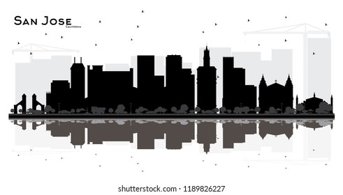 San Jose California City skyline black and white silhouette with Reflections. Simple flat concept for tourism presentation, banner, placard or web site. Cityscape with landmarks.
