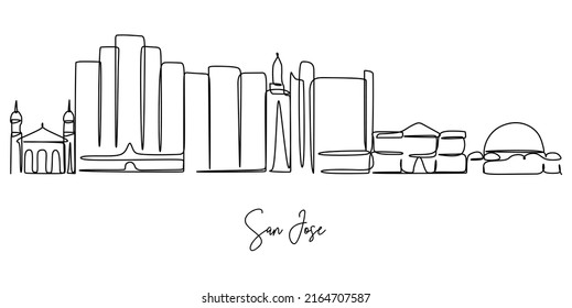 San Jose California City Skyline. Continuous Single Line Drawing. Vector Illustration For Home Decoration Wall Art Or Travel Advertising 