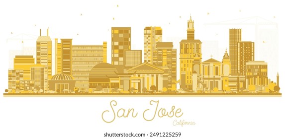 El horizonte de la ciudad de San José California con edificios dorados aislados en blanco. Ilustración vectorial. Concepto de viajes de negocios y turismo con arquitectura moderna. Paisaje urbano de San José con Lugares famosos.