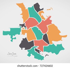 San Jose California Map with neighborhoods and modern round shapes