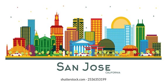 San Jose California Skyline con edificios de color aislados en blanco. Ilustración vectorial. Concepto de viajes de negocios y turismo con arquitectura moderna. Paisaje urbano de San José con Lugares famosos.