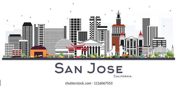 San Jose California Skyline with Gray Buildings Isolated on White. Vector Illustration. Business Travel and Tourism Concept with Modern Architecture. San Jose Cityscape with Landmarks.