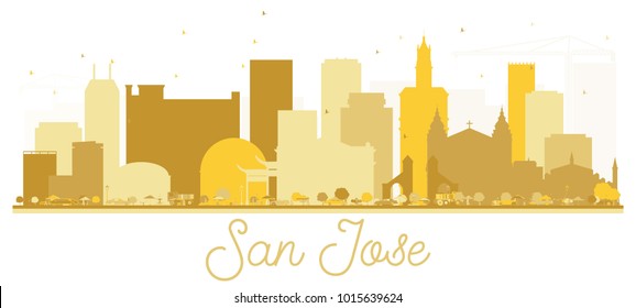 San José California, Estados Unidos, Skyline Golden Silhouette. Ilustración vectorial. Concepto plano simple para presentación turística, pancarta, plaza o sitio web. Paisaje urbano de San José con monumentos.