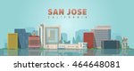 San Jose California vector illustration. Skyline city with main building on blue background. Tourism and business picture.