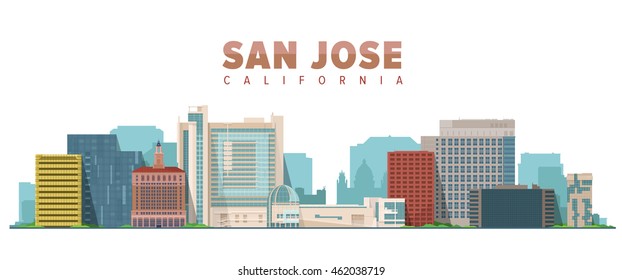 Ilustración vectorial de San José California. Ciudad de Skyline con edificio principal. Información turística y empresarial.