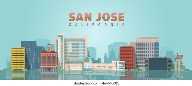 San Jose California vector illustration. Skyline city with main building on blue background. Tourism and business picture.