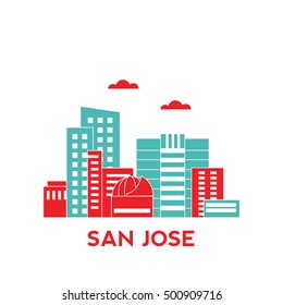 San Jose city architecture retro vector illustration, skyline city silhouette, skyscraper, flat design