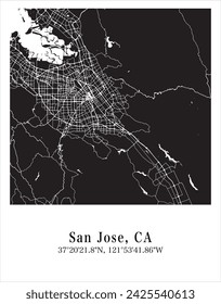 San Jose city map. Travel poster vector illustration with coordinates. San Jose, California, The United States of America Map in dark mode.