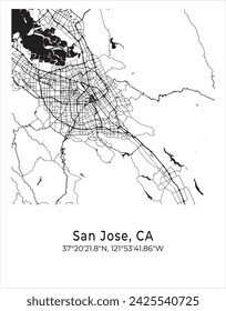 San Jose city map. Travel poster vector illustration with coordinates. San Jose, California, The United States of America Map in light mode.