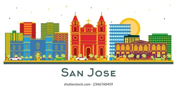 Esquina de la ciudad de San José con edificios de color aislados en blanco. Ilustración vectorial. Concepto de viajes de negocios y turismo con arquitectura moderna. Paisaje urbano de San José con monumentos.