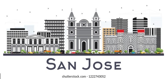 Esquina de la ciudad de San José Costa Rica con edificios de color aislados en blanco. Ilustración vectorial. Concepto de viajes de negocios y turismo con arquitectura moderna. Paisaje urbano de San José con monumentos.