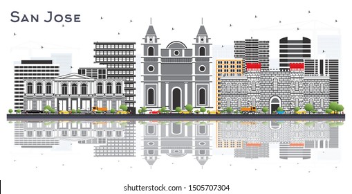 Esquina de la ciudad de San José Costa Rica con edificios de color y reflexiones aisladas en blanco. Ilustración vectorial. Concepto de viajes de negocios y turismo con arquitectura moderna. Paisaje urbano de San José.