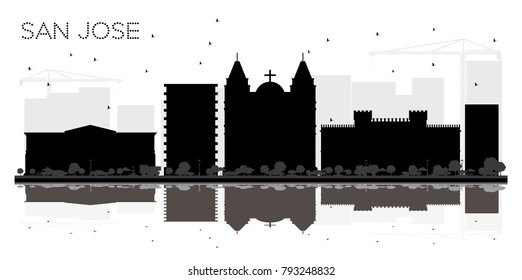 La ciudad de San José Costa Rica Skyline: Silhouette blanca y negra con reflexiones. Ilustración vectorial. Concepto plano simple para presentación turística, pancarta, plaza o sitio web. Paisaje urbano de San José con La