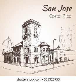 San Jose downtown hand drawn cityscape. Costa Rica. Sketch. Isolated on white background