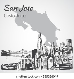 San Jose hand drawn cityscape. Costa Rica. Sketch. Isolated on white background