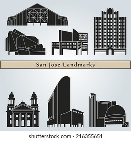 San Jose landmarks and monuments isolated on blue background in editable vector file