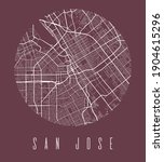 San Jose map poster. Decorative design street map of San Jose city. Cityscape aria panorama silhouette aerial view, typography style. Land, river, highways, avenue. Round circular vector illustration.