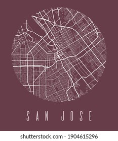 San Jose map poster. Decorative design street map of San Jose city. Cityscape aria panorama silhouette aerial view, typography style. Land, river, highways, avenue. Round circular vector illustration.