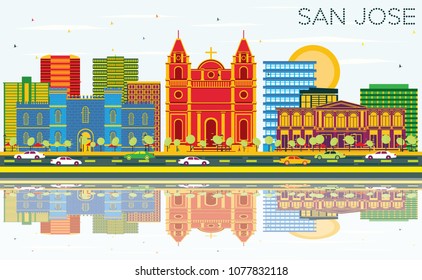 Esquina de San José con edificios de color, cielo azul y reflexiones. Ilustración vectorial. Concepto de viajes de negocios y turismo con arquitectura moderna. Paisaje urbano de San José con monumentos.