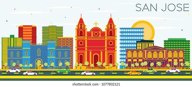 Esquina de San José con edificios de color y cielo azul. Ilustración vectorial. Concepto de viajes de negocios y turismo con arquitectura moderna. Paisaje urbano de San José con monumentos.