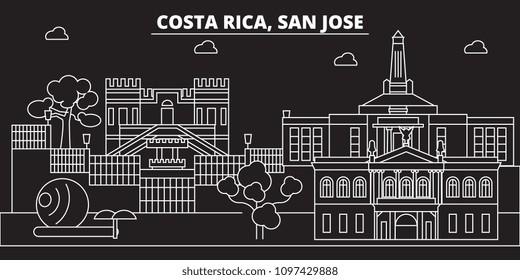 Esquina de San José. Costa Rica - Ciudad vectorial de San José, arquitectura lineal costarricense, edificios. Ilustración de viaje de San José, esbozar hitos. Icono plano de Costa Rica, pancarta de la línea costera