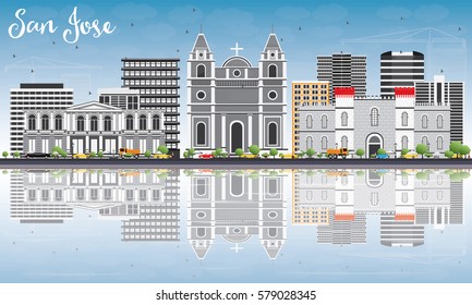 San Jose Skyline avec les bâtiments gris, le ciel bleu et les reflets. Illustration vectorielle. Concept de voyages d'affaires et de tourisme avec architecture moderne. Image de la bannière de présentation et du site Web.