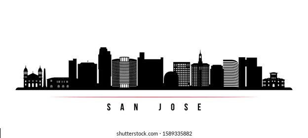 San Jose skyline horizontal banner. Black and white silhouette of San Jose, California. Vector template for your design. 