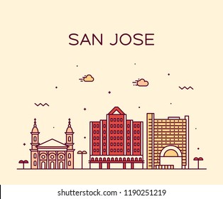 San Jose skyline, Northern California, USA. Trendy vector illustration, linear style