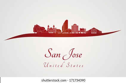 San Jose skyline in red and gray background in editable vector file