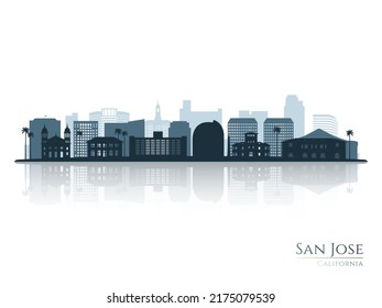 Silueta de perfil de San José con reflexión. Paisaje San José, California. Ilustración vectorial.