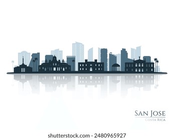 Silueta del horizonte de San José con reflejo. Paisaje San José, Costa Rica. Ilustración vectorial.