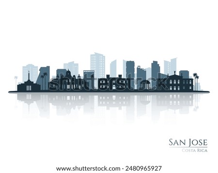 San Jose skyline silhouette with reflection. Landscape San Jose, Costa Rica. Vector illustration.