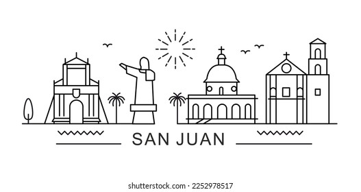 Vista en línea de la ciudad de San Juan. Diseño mínimo de impresión de afiches.