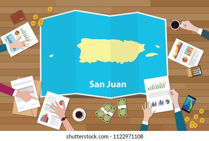 san juan economy country growth nation team discuss with fold maps view from top vector illustration