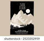 San juan mountain graphic artwork for t shirt and others. Mountain with tree vintage print design. Abstract modern art painting. Rocky Mountains in southwestern Colorado. Mountain summer camp club.