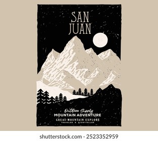 San juan mountain graphic artwork for t shirt and others. Mountain with tree vintage print design. Abstract modern art painting. Rocky Mountains in southwestern Colorado. Mountain summer camp club.