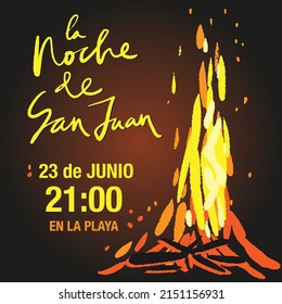 San Juan night, 23 of June traditional beach fire show banner template in Spanish language with bonfire clipart on the dark background. Poster or card vector design with fire and modern calligraphy.